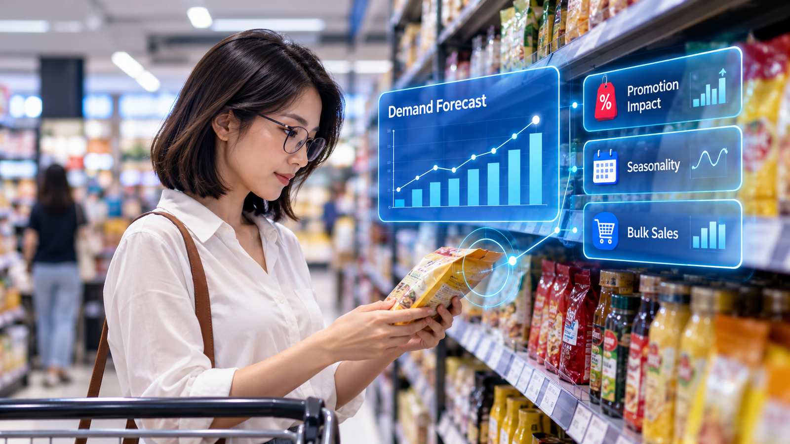Retail customer viewing a product while AI analyses demand forecasting signals
